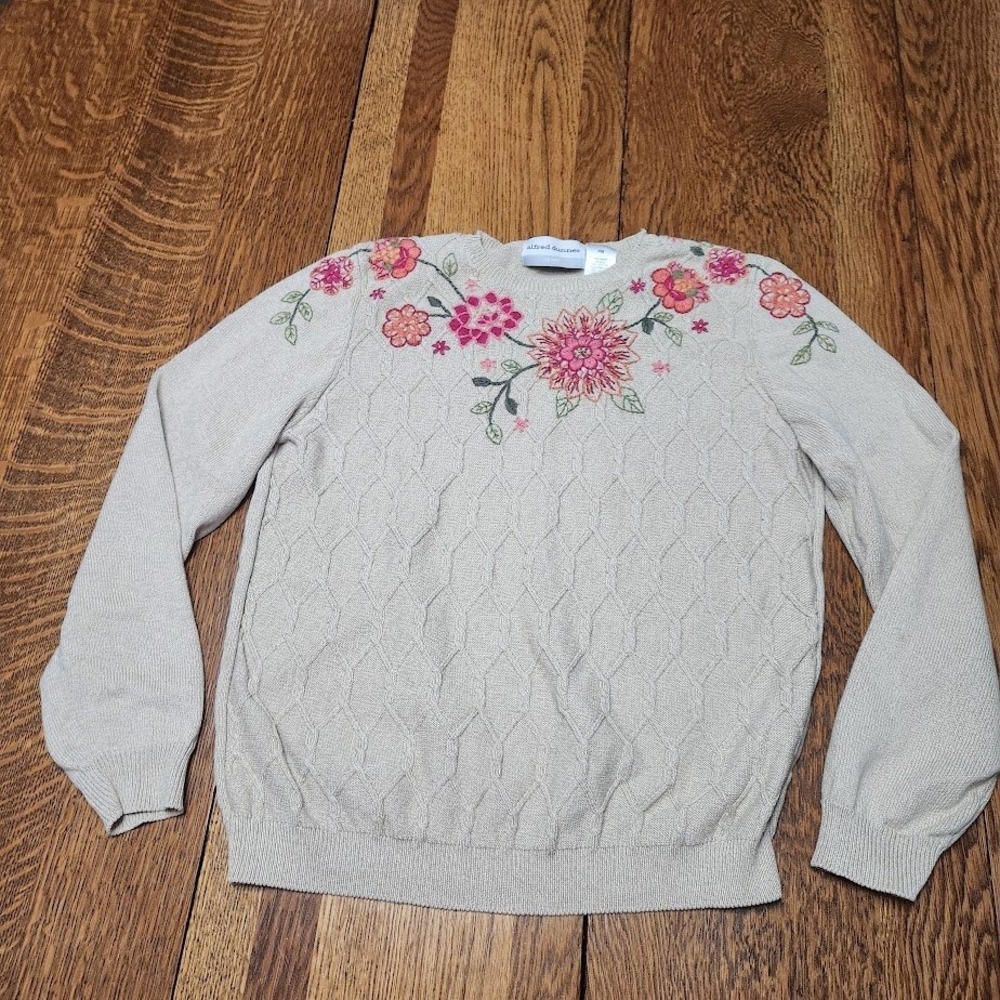 Alfred Dunner Petite PM Beige Floral Embroidered Cable Knit Sweater Ramie 770